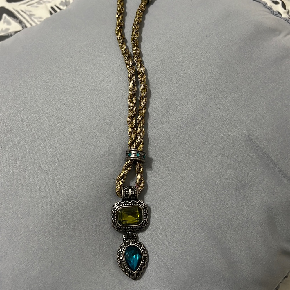 Chicos statement, necklace, gold, silver, yellow & blue stones.